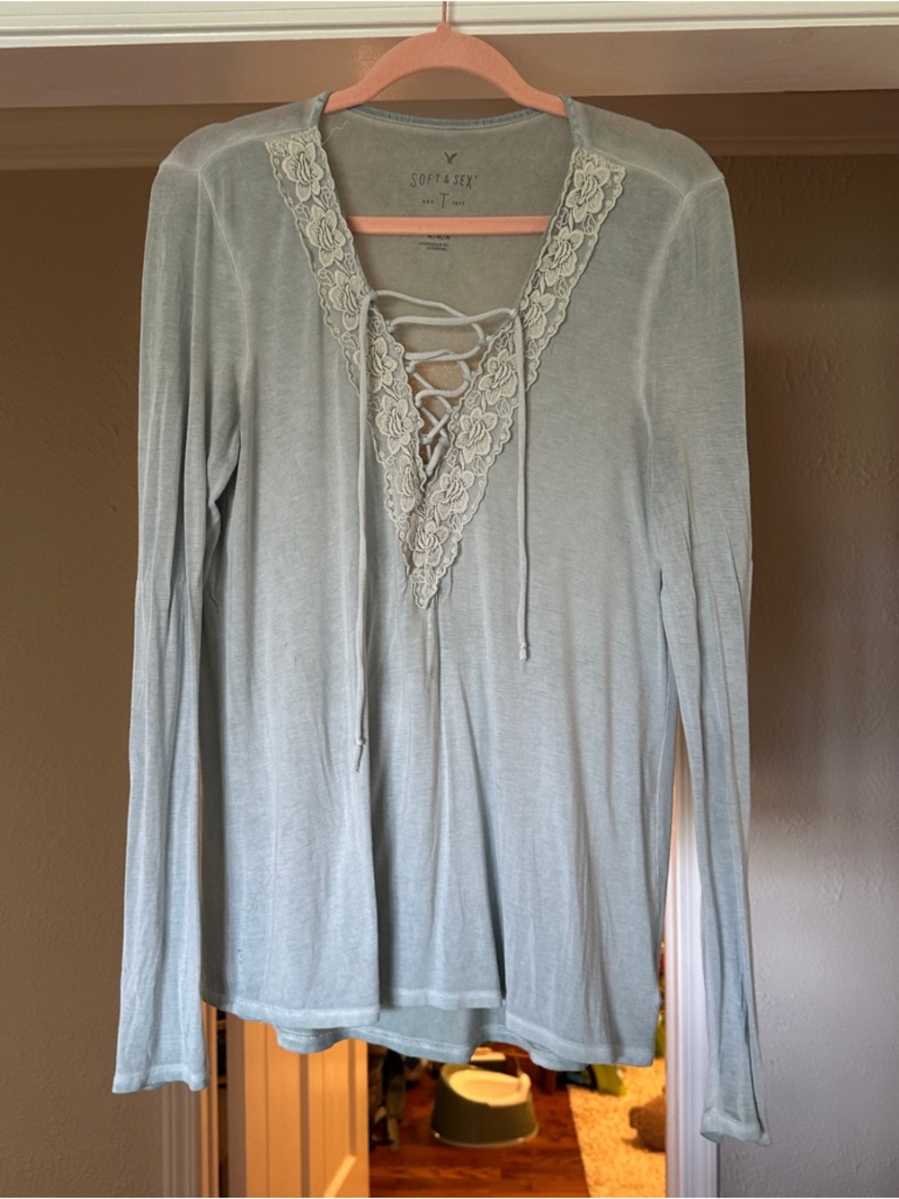 American Eagle Outfitters Lace-Up Long Sleeve Top — Light Sage Green
